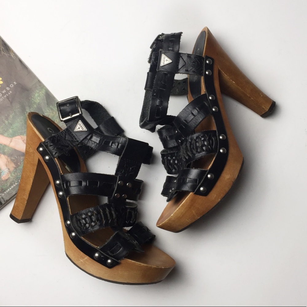 Guess Black Leather Wooden Gworder Heel Sandals